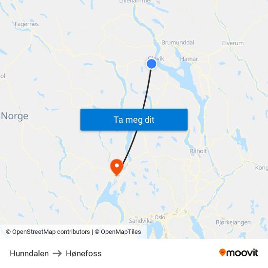 Hunndalen to Hønefoss map