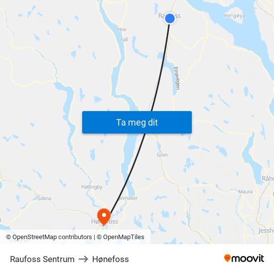 Raufoss Sentrum to Hønefoss map