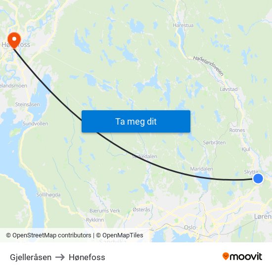 Gjelleråsen to Hønefoss map