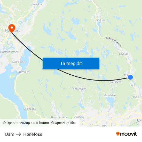Dam to Hønefoss map