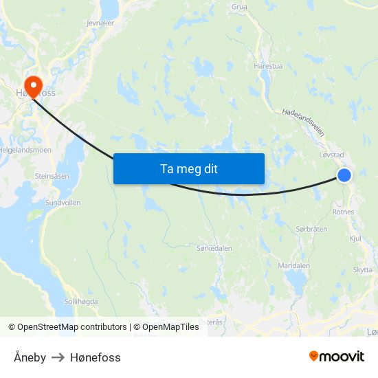 Åneby to Hønefoss map