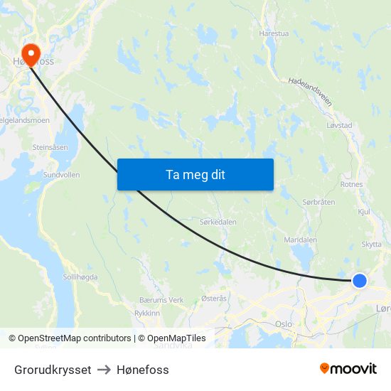 Grorudkrysset to Hønefoss map