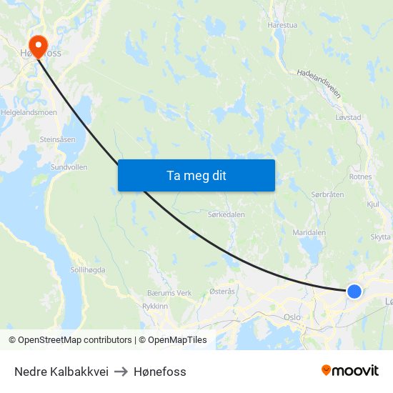 Nedre Kalbakkvei to Hønefoss map