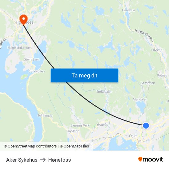 Aker Sykehus to Hønefoss map