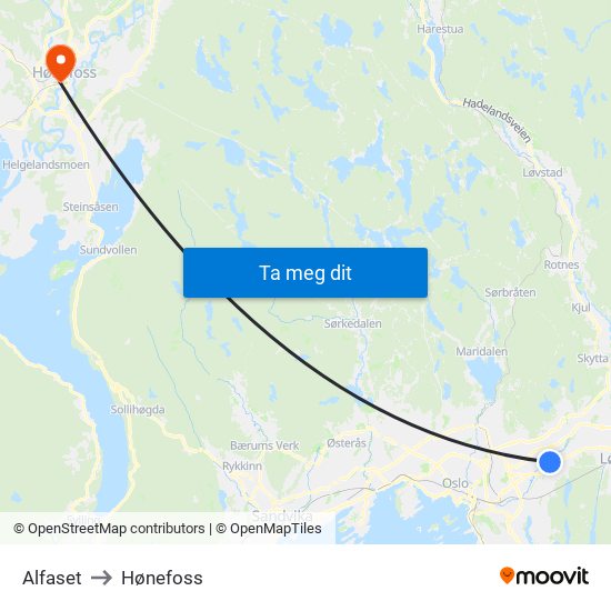 Alfaset to Hønefoss map