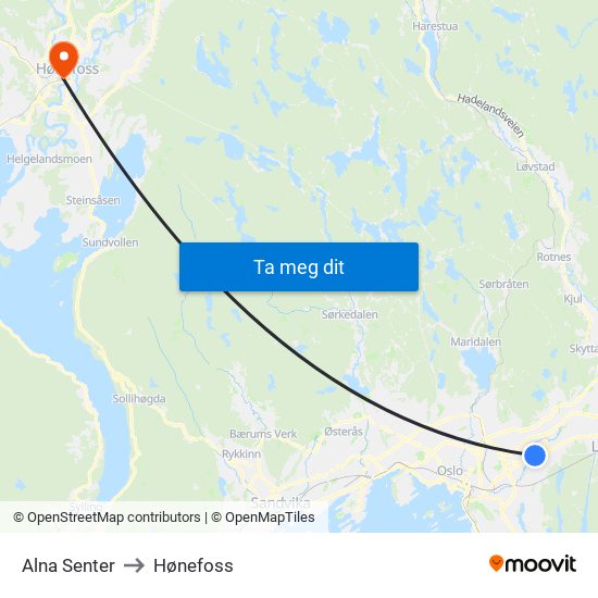 Alna Senter to Hønefoss map