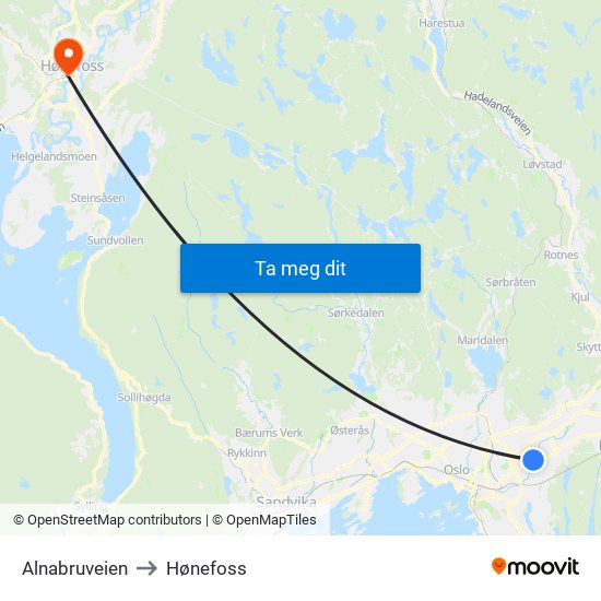 Alnabruveien to Hønefoss map