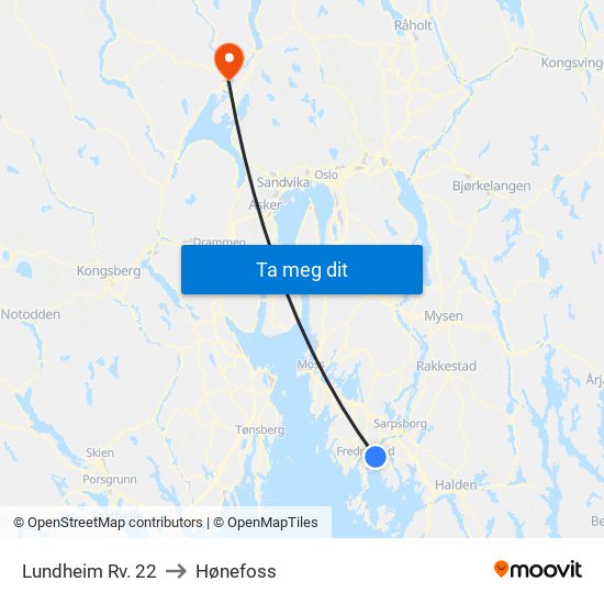 Lundheim Rv. 22 to Hønefoss map