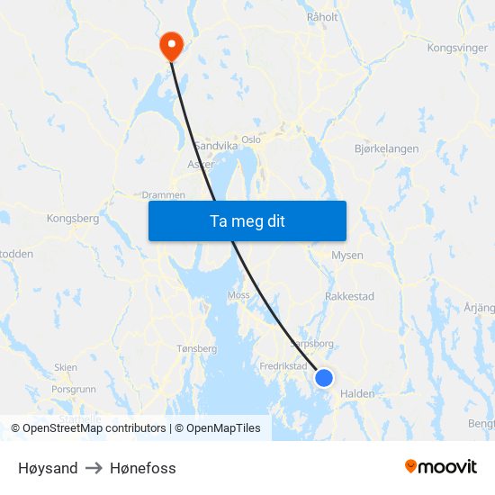 Høysand to Hønefoss map