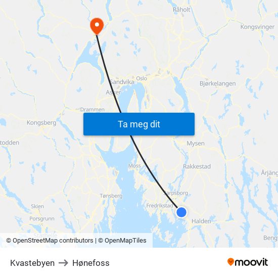 Kvastebyen to Hønefoss map
