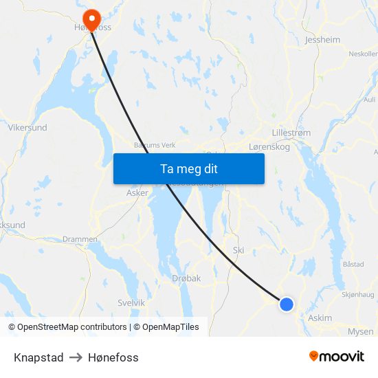 Knapstad to Hønefoss map