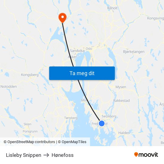 Lisleby Snippen to Hønefoss map