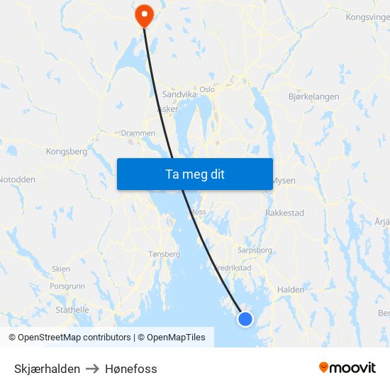 Skjærhalden to Hønefoss map