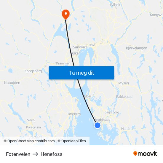 Fotenveien to Hønefoss map
