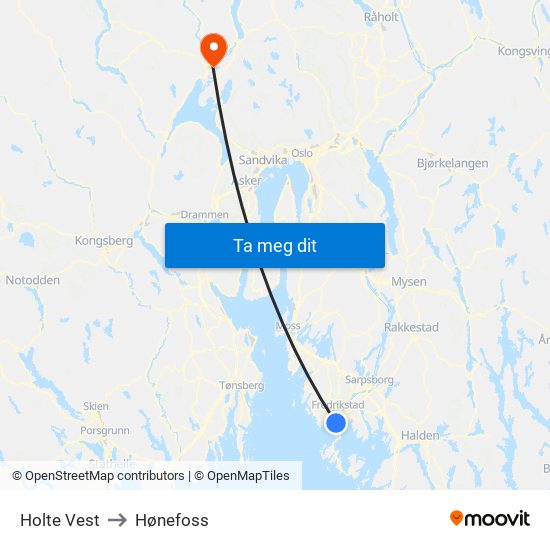 Holte Vest to Hønefoss map