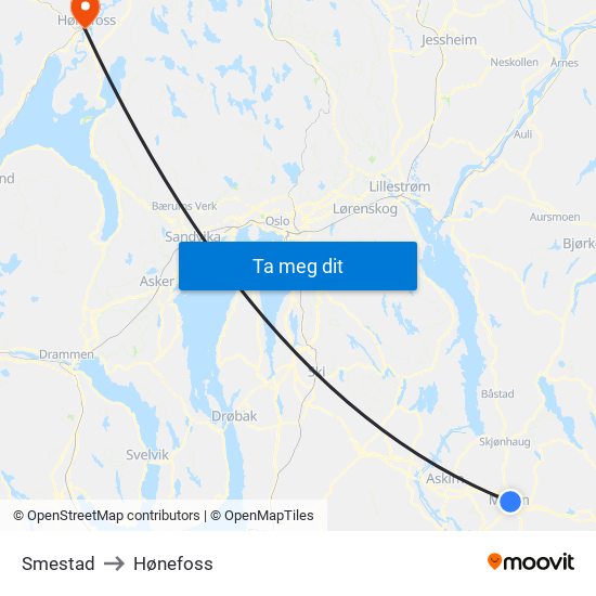 Smestad to Hønefoss map