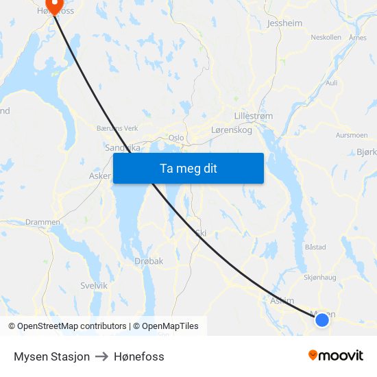 Mysen Stasjon to Hønefoss map