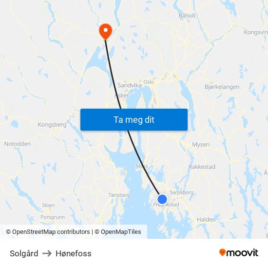 Solgård to Hønefoss map