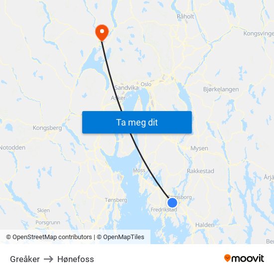 Greåker to Hønefoss map