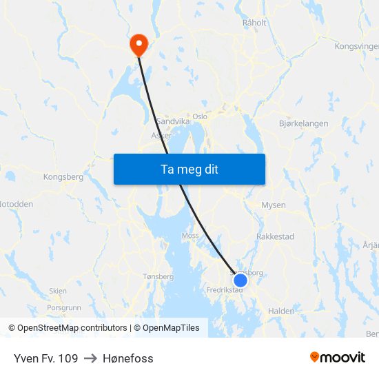 Yven Fv. 109 to Hønefoss map