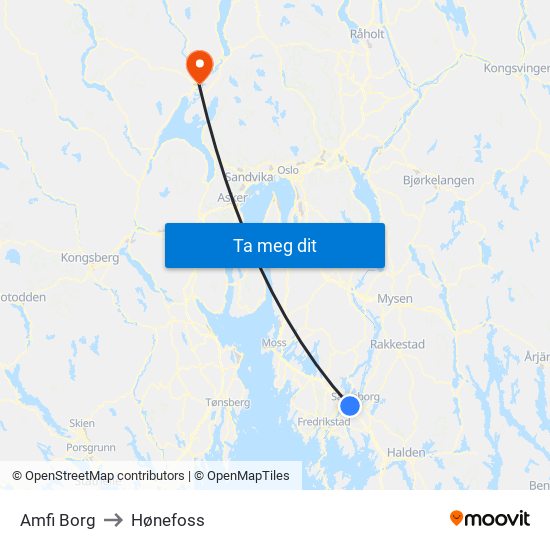 Amfi Borg to Hønefoss map