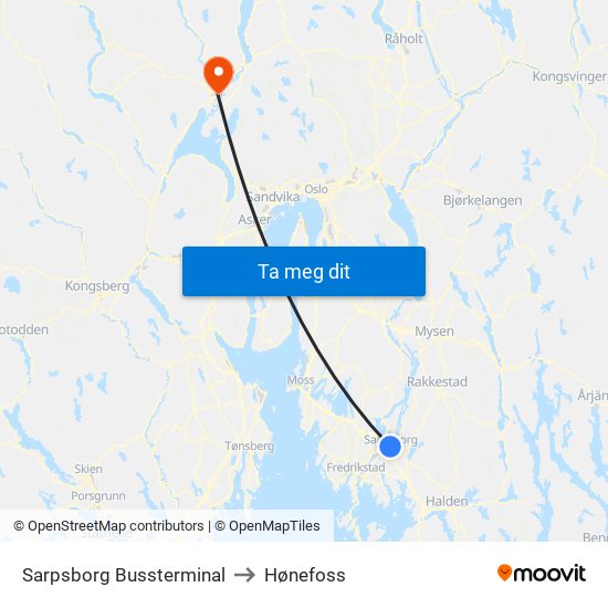 Sarpsborg Bussterminal to Hønefoss map