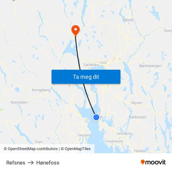 Refsnes to Hønefoss map