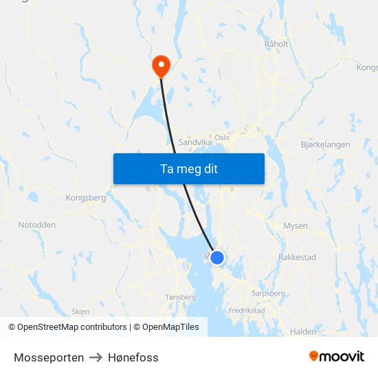 Mosseporten to Hønefoss map