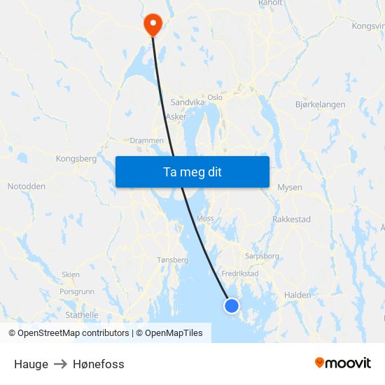 Hauge to Hønefoss map