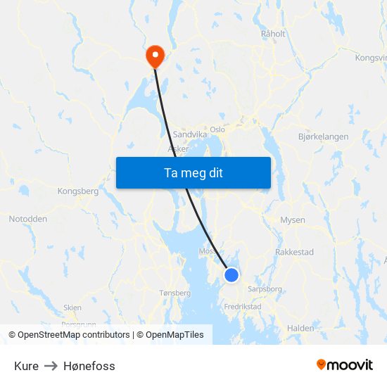 Kure to Hønefoss map