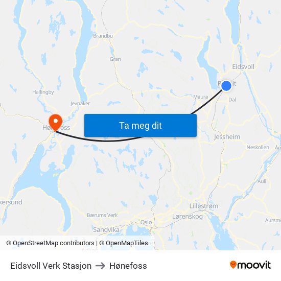 Eidsvoll Verk Stasjon to Hønefoss map