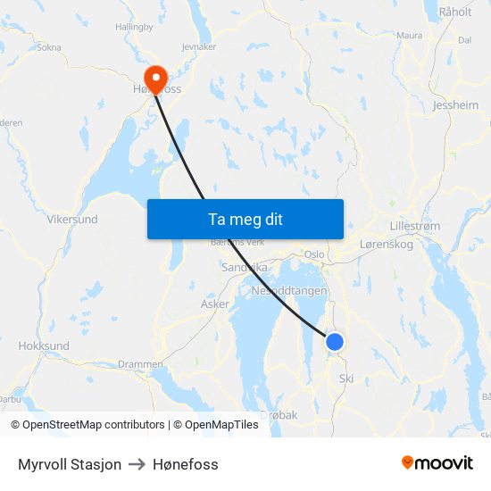 Myrvoll Stasjon to Hønefoss map