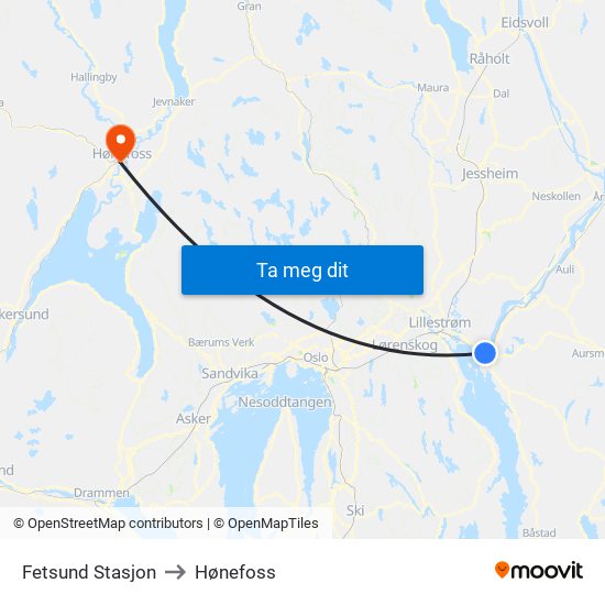 Fetsund Stasjon to Hønefoss map