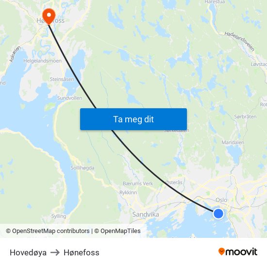 Hovedøya to Hønefoss map