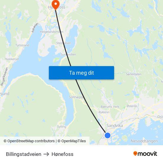 Billingstadveien to Hønefoss map