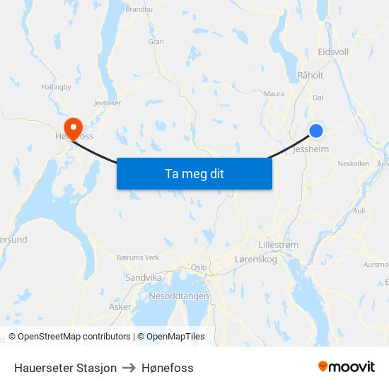 Hauerseter Stasjon to Hønefoss map