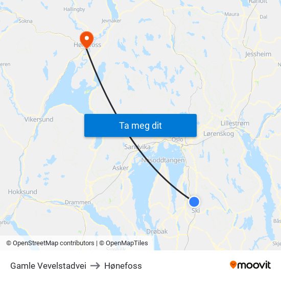 Gamle Vevelstadvei to Hønefoss map