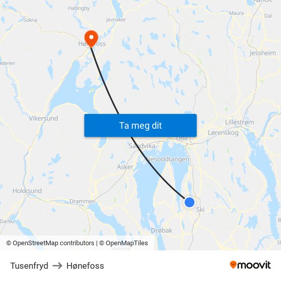 Tusenfryd to Hønefoss map