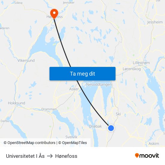 Universitetet I Ås to Hønefoss map