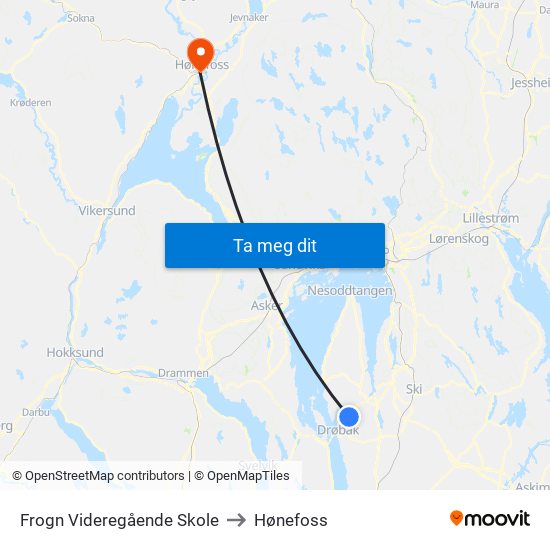 Frogn Videregående Skole to Hønefoss map