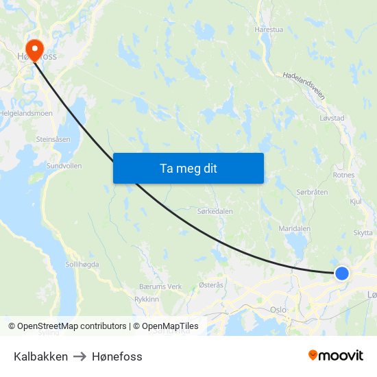 Kalbakken to Hønefoss map