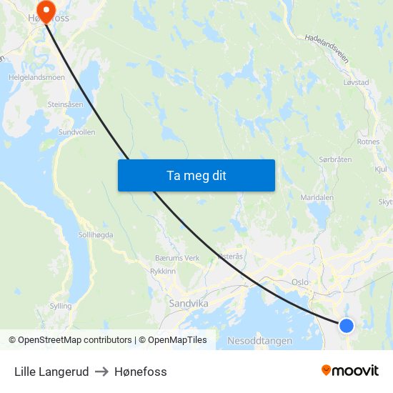 Lille Langerud to Hønefoss map