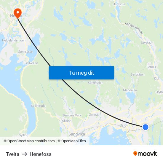 Tveita to Hønefoss map