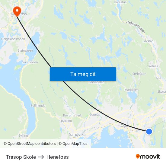 Trasop Skole to Hønefoss map