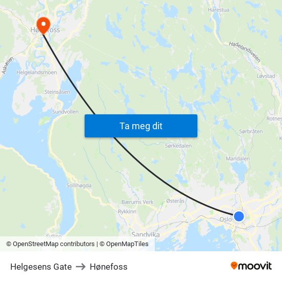Helgesens Gate to Hønefoss map
