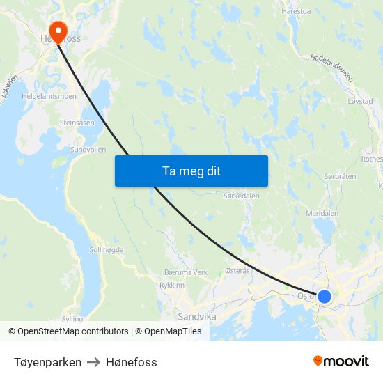 Tøyenparken to Hønefoss map
