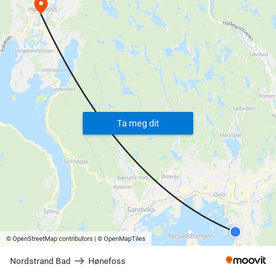 Nordstrand Bad to Hønefoss map