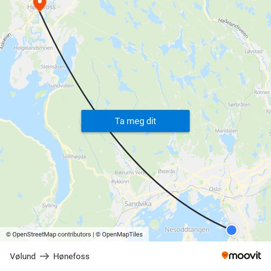 Vølund to Hønefoss map