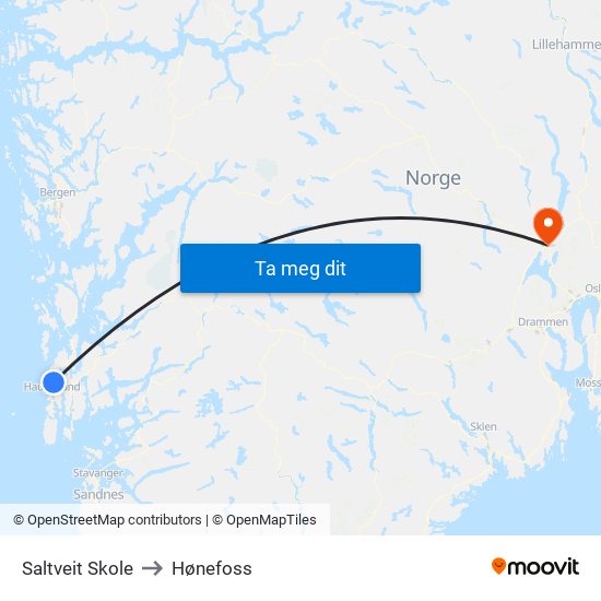 Saltveit Skole to Hønefoss map