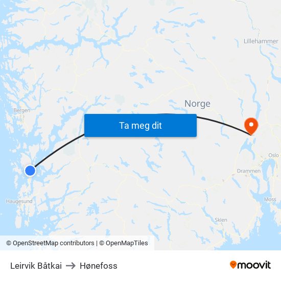 Leirvik Båtkai to Hønefoss map